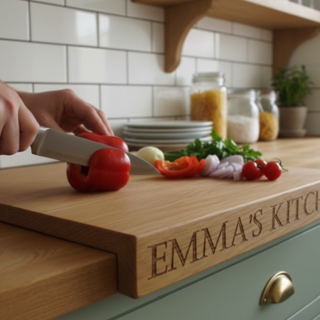 Handcrafted solid oak worktop saver with a front-edge stability lip, featuring custom 'Emma's Kitchen' engraving, resting on a white speckled granite countertop next to a black induction hob.