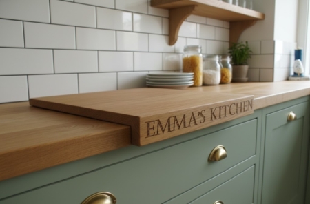 Handcrafted solid oak worktop saver with a front-edge stability lip, featuring custom 'Emma's Kitchen' engraving, resting on a white speckled granite countertop next to a black induction hob.