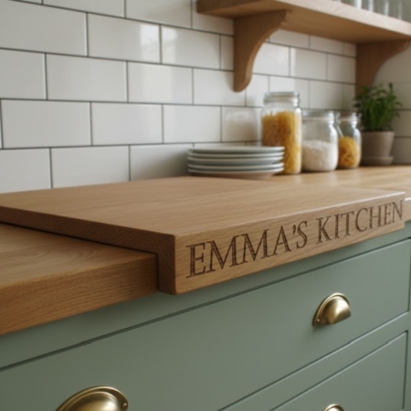 Handcrafted solid oak worktop saver with a front-edge stability lip, featuring custom 'Emma's Kitchen' engraving, resting on a white speckled granite countertop next to a black induction hob.