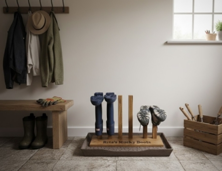 A wooden boot holder with vertical pegs stands against a light beige wall in a rustic boot room. The base of the holder is engraved with the text 'Rita's Mucky Boots.' Two navy blue wellington boots and a pair of hiking shoes are stored upside down on the pegs. The boot holder sits inside a stone-colored drip tray on a tiled floor. In the background, there is a wooden bench with gloves, a wall-mounted coat rack with jackets and a hat, and a wooden crate containing gardening tools next to a bright window.