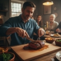 A man carving a roasted joint of meat on a large, solid oak chopping board at a candlelit dinner table with family members in the background.