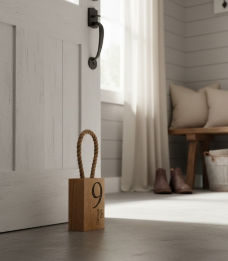 A rustic oak wood doorstop with a thick rope handle and the number 9 engraved on the side, propping open a white wooden door in a bright, modern farmhouse entryway.