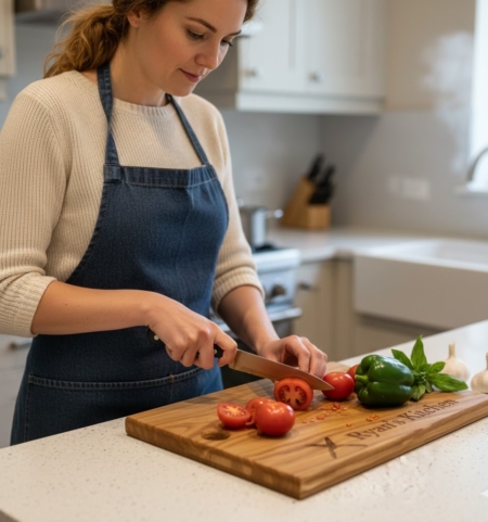 A woman in a denim apron slicing tomatoes on a personalized solid oak chopping board engraved with "Ryan’s Kitchen" in a bright modern kitchen.