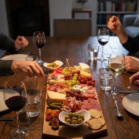 A long, handcrafted oak charcuterie board from No9 Creations, laden with cured meats, cheeses, grapes, and olives, being shared by friends around a rustic wooden dining table with red wine glasses.