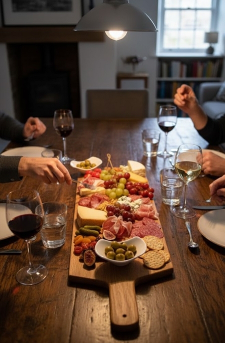 A long, handcrafted oak charcuterie board from No9 Creations, laden with cured meats, cheeses, grapes, and olives, being shared by friends around a rustic wooden dining table with red wine glasses.