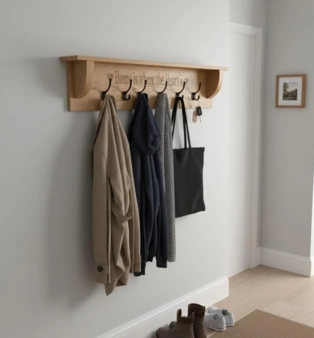 Wall-mounted wooden coat rack with shelf and hooks in a bright, modern entryway, styled with coats and accessories.