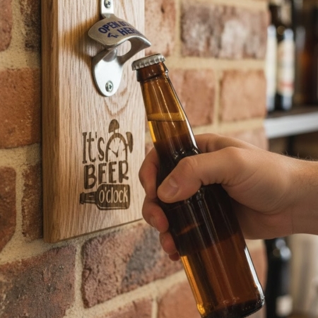 A close-up, slightly angled shot of a wall-mounted bottle opener being used. The opener consists of a rustic, rectangular oak wood plaque featuring the engraved text "It’s BEER o’clock" with an alarm clock and beer bottle icon. A silver metal opener is screwed to the top of the wood. A person’s hand is shown holding a brown glass beer bottle, tilting it upward into the metal opener to remove the cap. The unit is mounted on a textured red and tan brick wall, with a blurred background suggesting a home bar or kitchen setting.