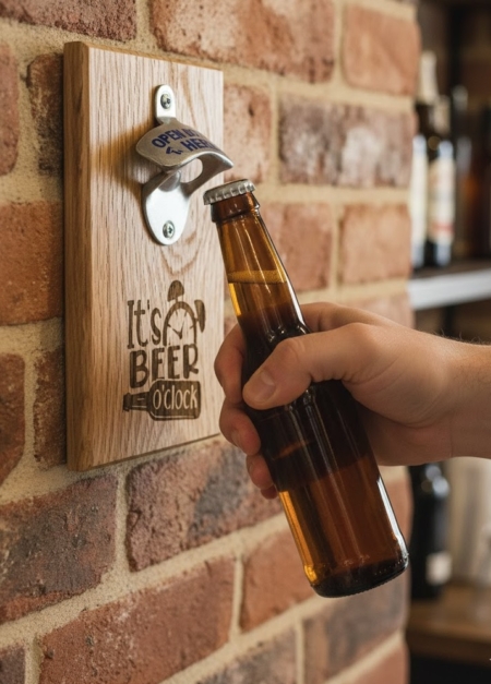 A close-up, slightly angled shot of a wall-mounted bottle opener being used. The opener consists of a rustic, rectangular oak wood plaque featuring the engraved text "It’s BEER o’clock" with an alarm clock and beer bottle icon. A silver metal opener is screwed to the top of the wood. A person’s hand is shown holding a brown glass beer bottle, tilting it upward into the metal opener to remove the cap. The unit is mounted on a textured red and tan brick wall, with a blurred background suggesting a home bar or kitchen setting.