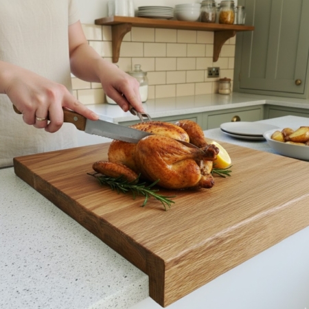 Sunday Roast Carving: "A person carving a whole roasted chicken on a solid oak worktop saver with a stability lip, set in a farmhouse-style kitchen with white subway tiles and sage green cabinetry."