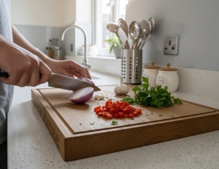 A high-angle, close-up shot of a thick, rectangular oak chopping board on a white speckled kitchen countertop. A person’s hands are visible using a chef's knife to slice a red onion. On the board, there is a pile of finely diced red bell pepper, a head of garlic, and a bunch of fresh flat-leaf parsley. In the background, a modern kitchen features a stainless steel sink, a utensil holder with wooden spoons, and white ceramic jars under a bright window.