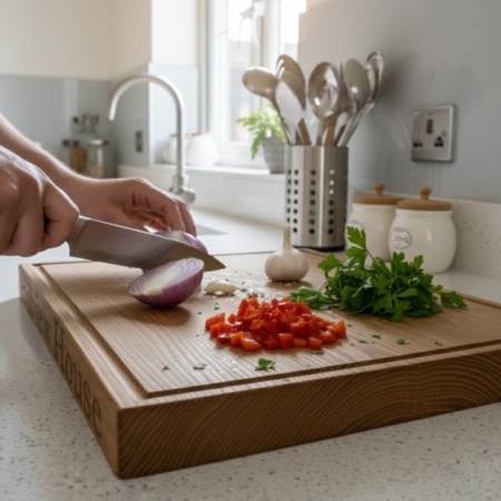 A high-angle, close-up shot of a thick, rectangular oak chopping board on a white speckled kitchen countertop. A person’s hands are visible using a chef's knife to slice a red onion. On the board, there is a pile of finely diced red bell pepper, a head of garlic, and a bunch of fresh flat-leaf parsley. In the background, a modern kitchen features a stainless steel sink, a utensil holder with wooden spoons, and white ceramic jars under a bright window.