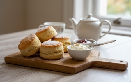 Freshly baked scones with clotted cream and jam served on a handcrafted wooden paddle serving board with a handle.