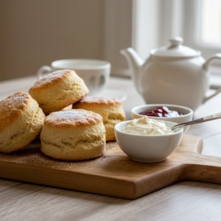Freshly baked scones with clotted cream and jam served on a handcrafted wooden paddle serving board with a handle.