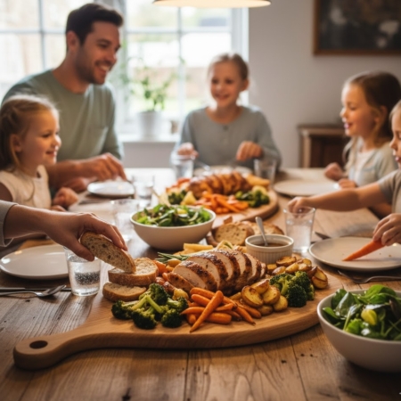A family gathers around a rustic wooden dining table sharing a healthy roast chicken dinner served on large wooden platters with roasted potatoes, carrots, broccoli, and fresh green salads.