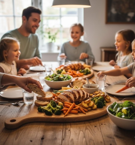 A family gathers around a rustic wooden dining table sharing a healthy roast chicken dinner served on large wooden platters with roasted potatoes, carrots, broccoli, and fresh green salads.