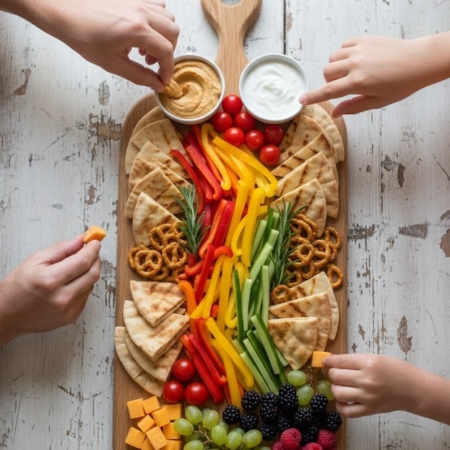 A top-down view of the handcrafted oak wooden board being used as a vibrant family sharing platter on a rustic wooden table. The board is overflowing with a colorful variety of snacks including sliced red and yellow bell peppers, cucumber spears, cherry tomatoes, pita bread triangles, pretzels, and cubes of orange and white cheese. Two small white ramekins filled with hummus and a creamy dip are placed near the handle. Clusters of green and red grapes, along with fresh blackberries and raspberries, add pops of color. Four hands—two belonging to adults and two to children—are shown reaching in from the sides to pick up different items from the spread.