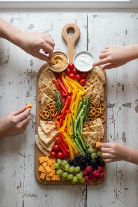 A top-down view of the handcrafted oak wooden board being used as a vibrant family sharing platter on a rustic wooden table. The board is overflowing with a colorful variety of snacks including sliced red and yellow bell peppers, cucumber spears, cherry tomatoes, pita bread triangles, pretzels, and cubes of orange and white cheese. Two small white ramekins filled with hummus and a creamy dip are placed near the handle. Clusters of green and red grapes, along with fresh blackberries and raspberries, add pops of color. Four hands—two belonging to adults and two to children—are shown reaching in from the sides to pick up different items from the spread.