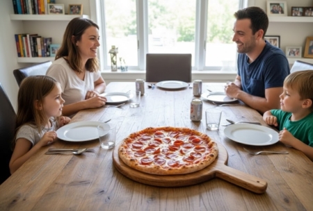 Artisan handcrafted round oak pizza board with a handle, holding a flatbread with green herb toppings on a speckled white kitchen countertop.