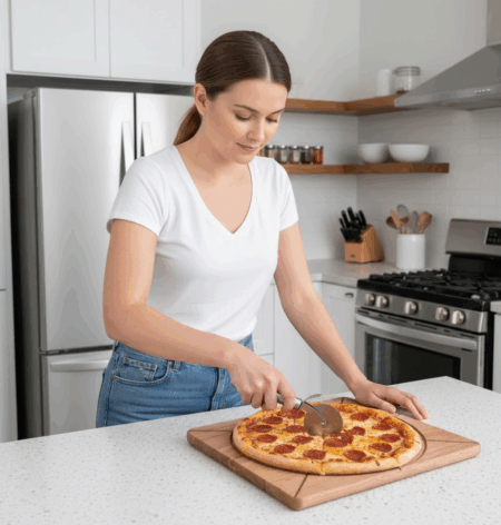 A pepperoni pizza being sliced with a metal roller cutter on a wooden circular cutting board with pre-carved guide lines.