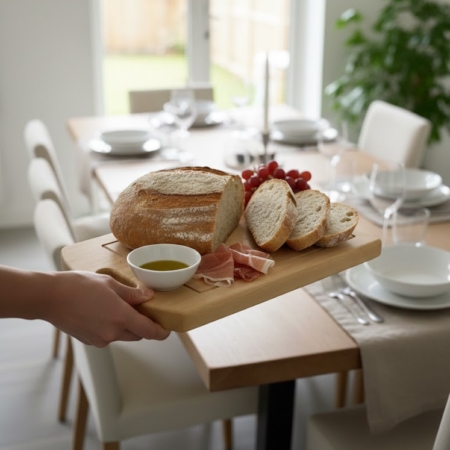 Close-up of a high-quality beech wood serving and chopping board with a built-in handle and juice groove, featuring custom name engraving in a modern kitchen setting."