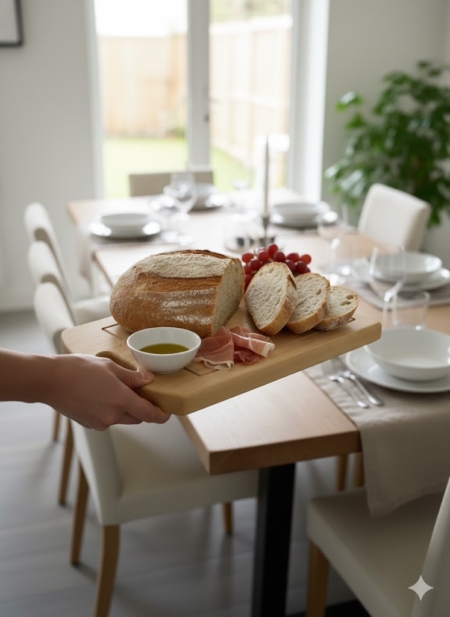 Close-up of a high-quality beech wood serving and chopping board with a built-in handle and juice groove, featuring custom name engraving in a modern kitchen setting."