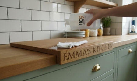 A person’s hand pours clear mineral oil from a semi-transparent plastic bottle onto a white cloth resting on a thick wooden cutting board. The bottle features a modern black and wood-textured logo that reads "no9 creations." The cutting board, which is engraved with the words "EMMA'S KITCHEN" on its side, is positioned on a light oak countertop in a bright kitchen with green cabinetry and white subway tile backsplashes.